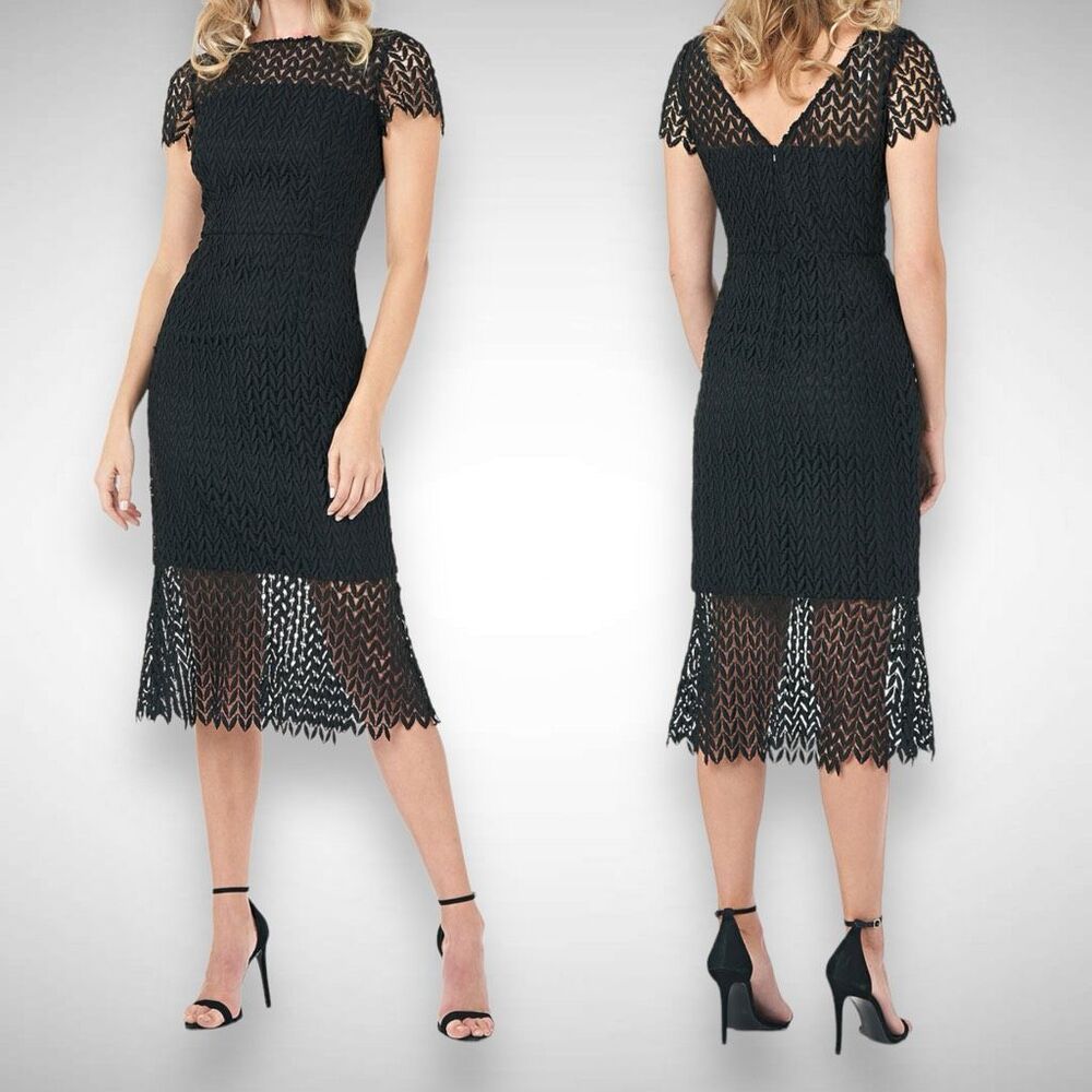 Kay Unger Black Tatum Floral Lace Sheath Midi Dress Size 10 Cocktail Effortless